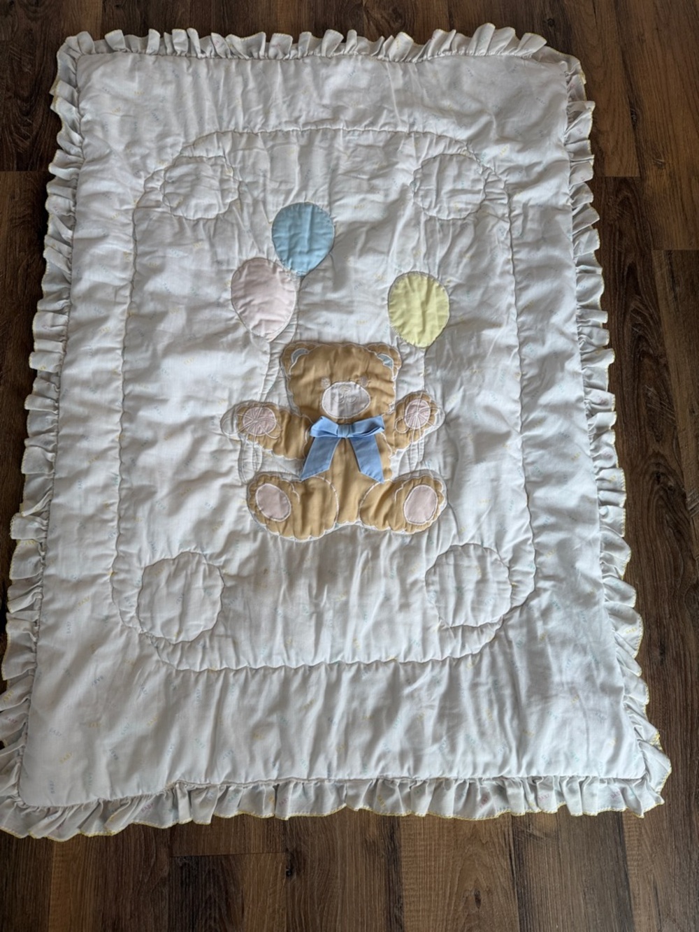 White Ruffled yellow lining Baby Quilt with Teddy blue bow & Pastel Balloons